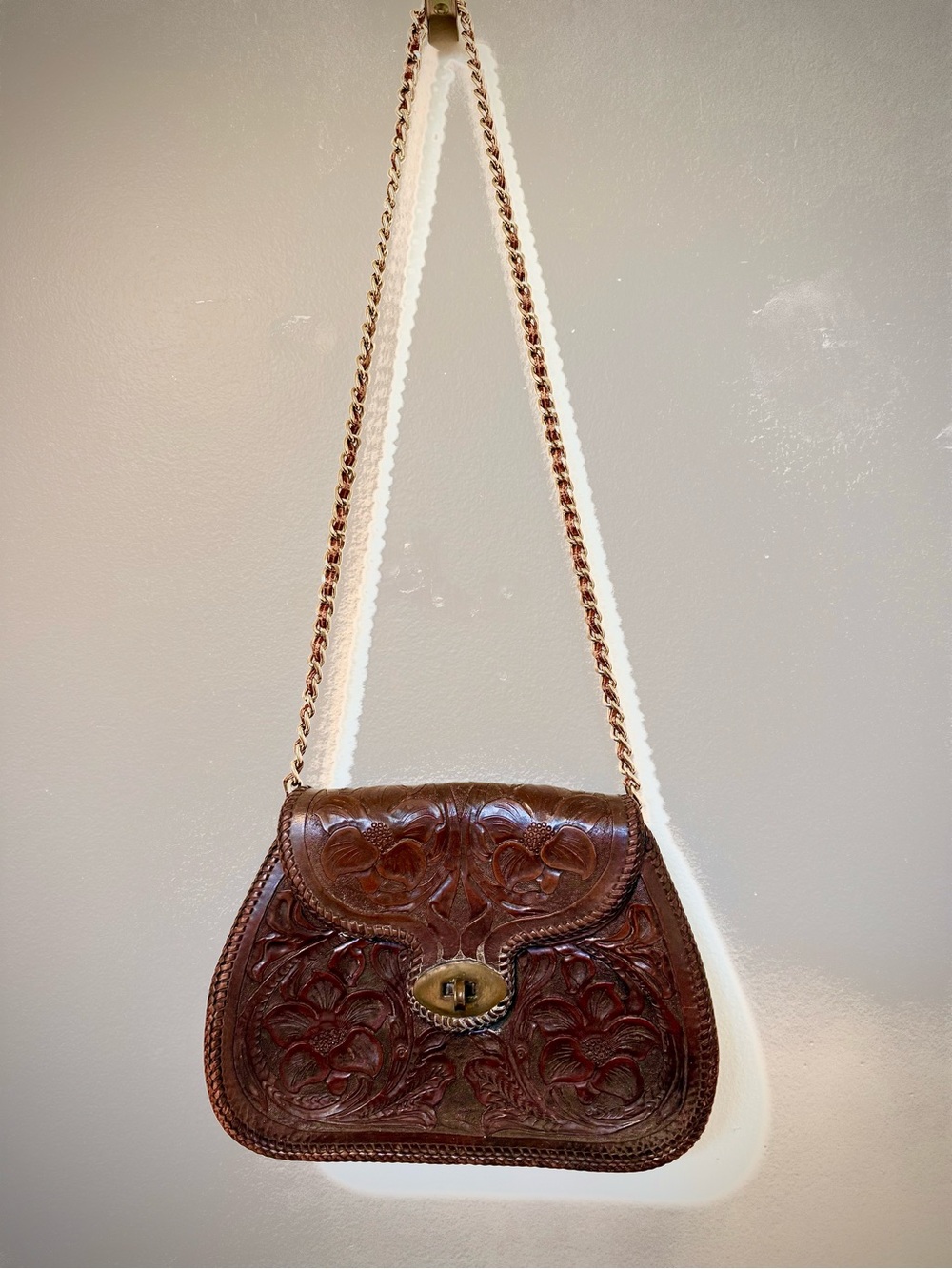 Brown Embossed, Brown Leather Shoulder Bag with Gold Chain Strap.